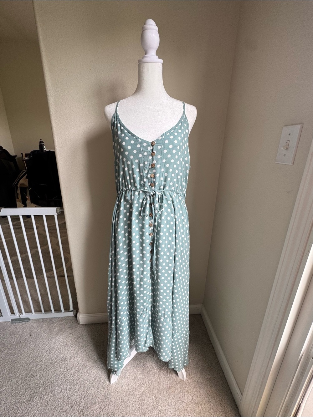 Sage Polka Dot Spaghetti-Strap Maxi Dress with Drawstring Waist